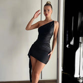 Pleated Bodycon One Shoulder Spring Summer Backless Nightclub Party Mini Dress